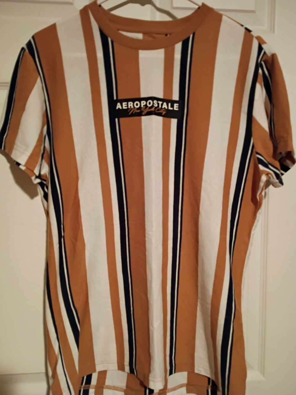 Aeropostale Men's Mustard, White & Navy Vertical Stripe Tee